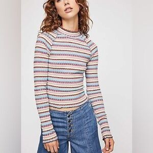 Free People Multicolor Stripe Cropped Mirror Long Sleeve Mock Neck Top Medium